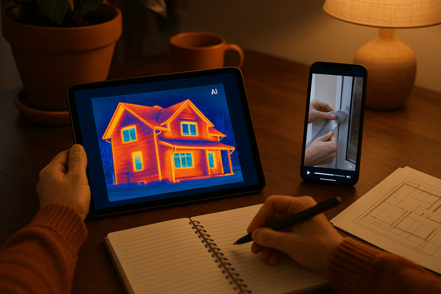 Tablet and phone showing AI report and fix reel planning assets